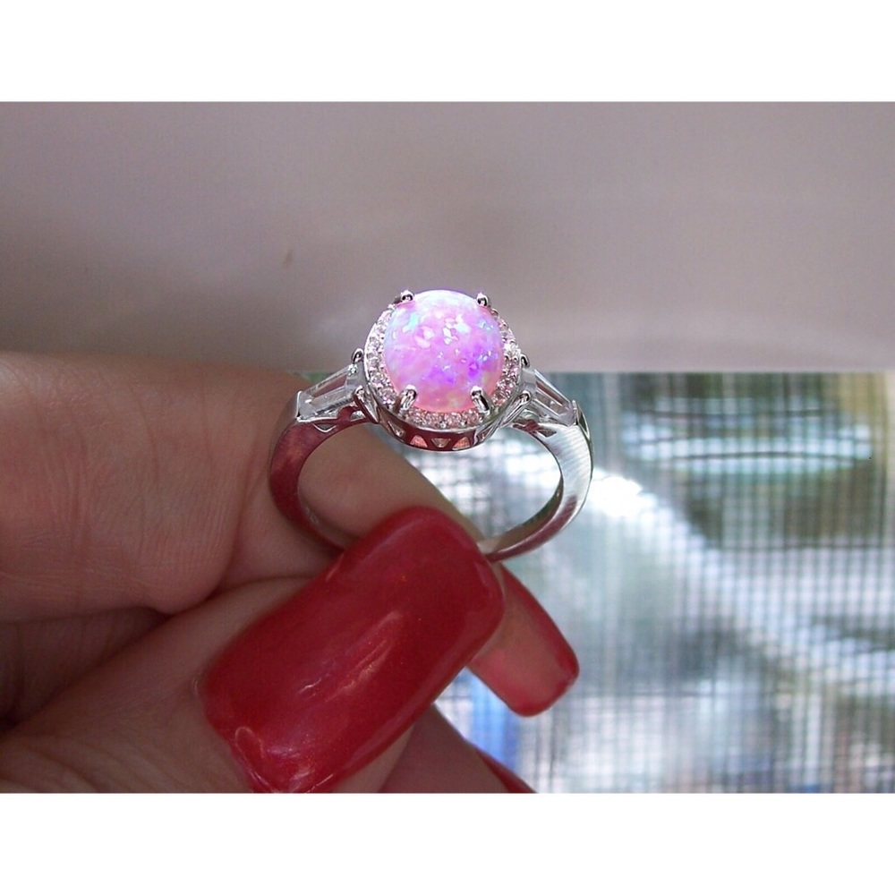925 STERLING SILVER Lab Created Pink Opal CZ Ring - Picture 9 of 16